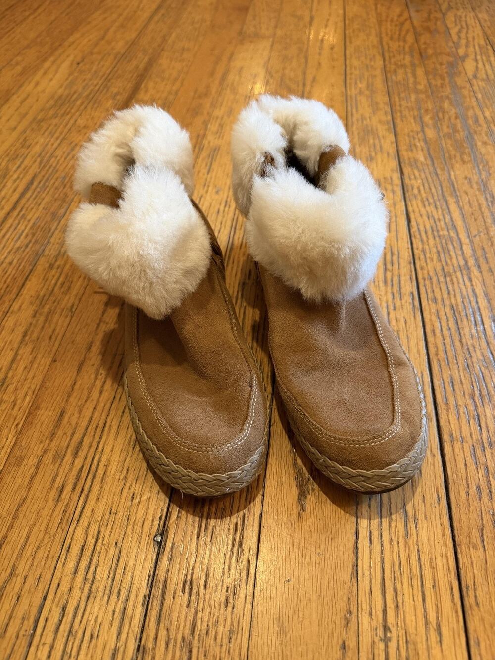 UGG Elowen Boots Womens Size 9 Brown Suede Shearling Fur Cuff Zip Ankle